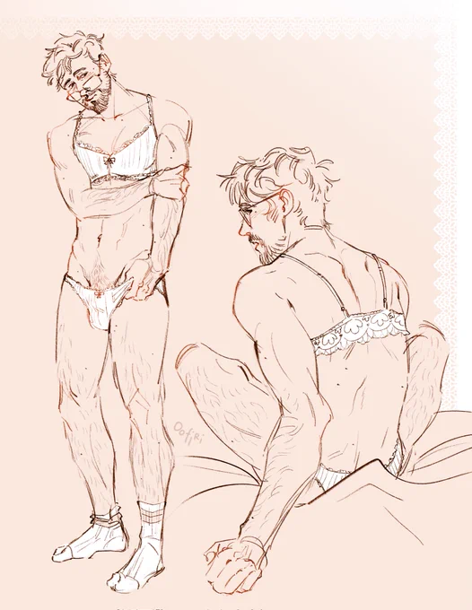 two sketches of Ryland Grace (from Project Hail Mary) with tousled hair. He is wearing a matching bra and panties set with lace details, along with his socks. In the left sketch, he stands with one arm bent, holding his upper arm and his head tilted slightly downward. In the right sketch, he sits with his back partially turned, showing the lace detail on the back.