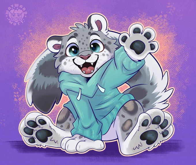 A snow leopard sitting down in an oversized mint green hoodie. They are waving to the viewer with a big smile on their face! 