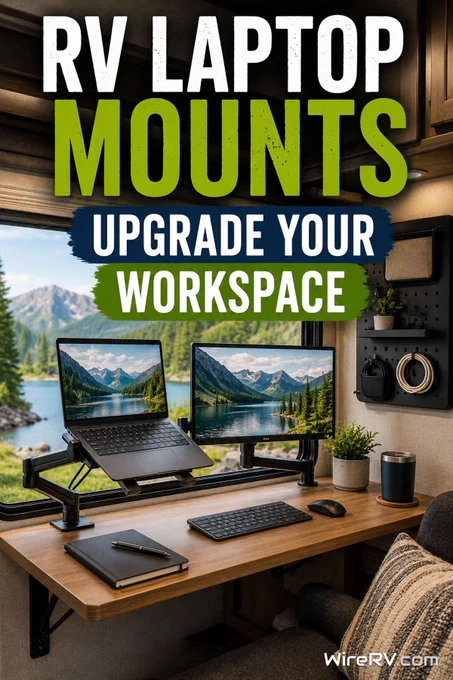 Compact RV workstation featuring a laptop mount, monitor, and organized desk setup for remote work on the road.