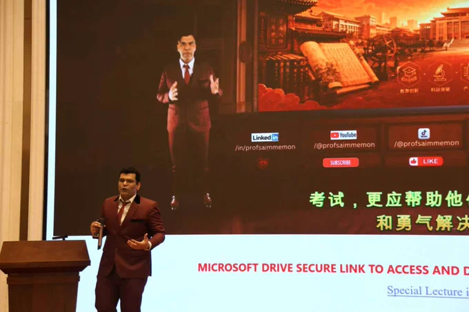 Saim Memon World's First Digital twin AI Professor LLM Model in Chinese with Authentic Theatre Classroom Presentation and Captions in Chinese Launched in China May 2026. AI Education. 