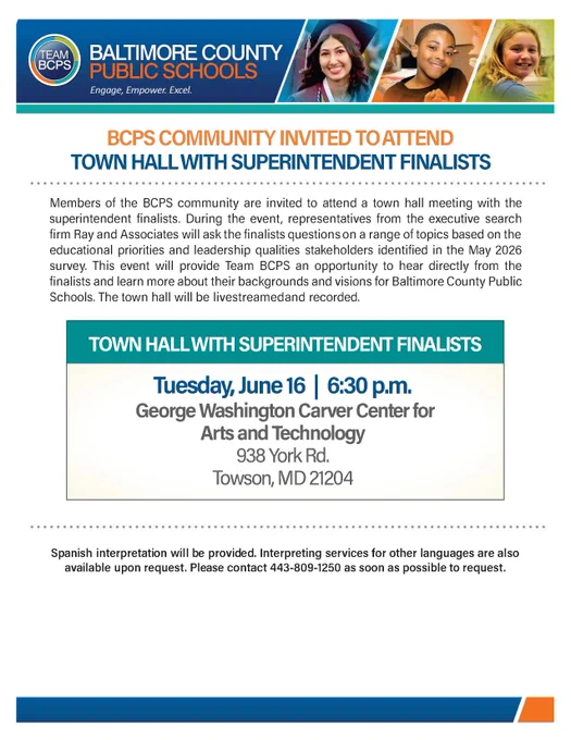 Baltimore County Public Schools invites community to a town hall with superintendent finalists on June 16 at George Washington Carver Center in Towson.
