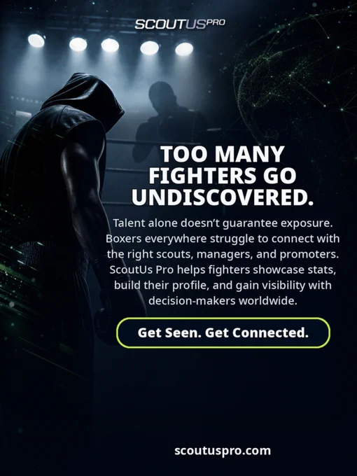 Promotional image for a platform helping boxers connect with scouts. Features a boxer in a dimly lit ring.