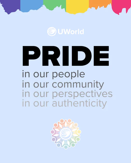 The image features a UWorld logo at the top, followed by the word "PRIDE" in large black letters. Below, the text reads "in our people, in our community, in our perspectives, in our authenticity" in varying shades of gray. At the bottom is a colorful circular design. The background has a light blue hue with a rainbow paint stroke at the top.