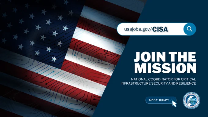 American flag background with circuit pattern. Text reads: "Join the Mission. National Coordinator for Critical Infrastructure Security and Resilience." A button labeled "Apply Today" is near the CISA logo. A search bar displays "usajobs.gov/CISA.