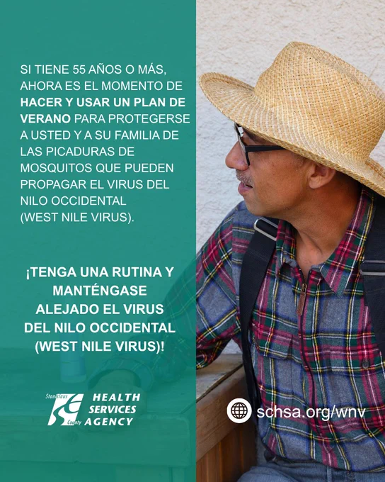 Un hombre en el porche por la tarde. El texto anima a las personas mayores de 55 años a tomar medidas para prevenir el virus del Nilo Occidental. Visita schsa.org/wnv.