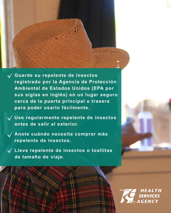 Imagen de un hombre con un repelente de insectos de la EPA. Consejos: guárdalo cerca de las puertas, úsalo al aire libre, controla las existencias y repelente de tamaño de viaje.