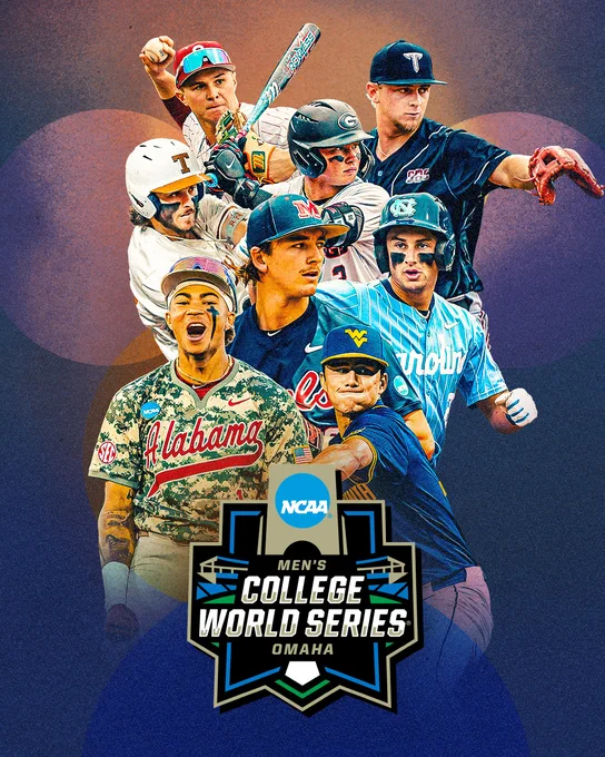 NCAA
MEN'S
COLLEGE
WORLD SERIES
OMAHA

Collage of Oklahoma's Jaxon Willits, Troy's Aaron Piasecki, Texas' Aiden Robbins, Georgia's Daniel Jackson, Mississippi's Cade Townsend, North Carolina's Jake Schaffner, Alabama's Justin Lebron and West Virginia's Dawson Montesa