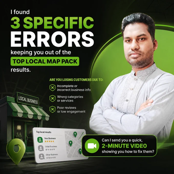 I found 3 specific errors keeping a local business out of the top Google Map Pack results.

The surprising part?

They weren't major issues.

No website penalty.
No bad reviews.
No huge marketing mistake.

Just three small Google Business Profile and local SEO errors that were quietly limiting visibility when potential customers searched for their services.

The reality is that many business owners assume they're doing everything right because their profile is live and verified.

But Google Maps rankings are often decided by details most people never check.

A missing optimization.
An inconsistent business citation.
A category issue.
An overlooked profile signal.

Small problems can have a big impact on local rankings and lead generation.

Recently, I recorded a quick 2-minute video audit showing exactly what these issues were and how they can be fixed.

Sometimes a few simple adjustments are all it takes to improve visibility and attract more local customers.

.........