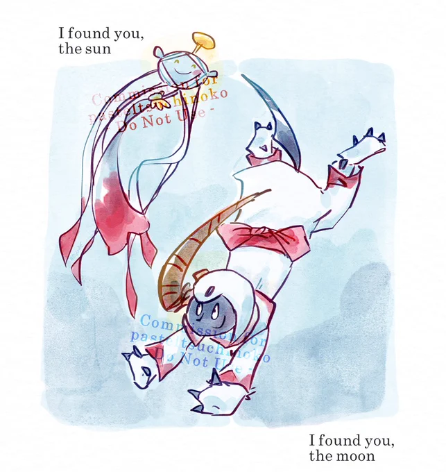 Digital watercolour illustration featuring two Pokémon, Chimecho and Absol. Both characters are owned by Tsuchi, the account mentioned. The pair wear attire partially inspired by the Final Fantasy red mage; clothes are white with red triangular accents. The Chimecho, decorated in ribbons akin to a may pole, is in the top left of the image, eyes closed and smiling. The Absol is in the middle-right of the image, looking up at the Chimecho with a smile. They're drawn in a pose that appears to be running or floating, paws forward. Text in the corners of the image read, "I found you, the sun" and "I found you, the moon".