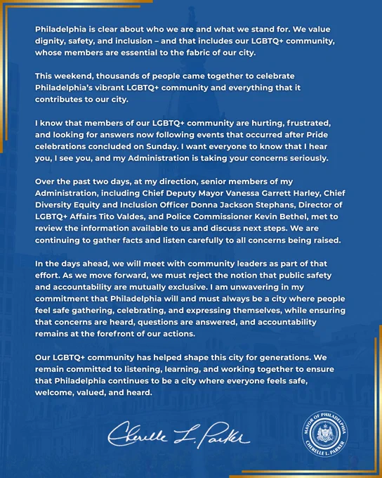 Statement from Mayor Cherelle L. Parker on incidents over Pride Weekend in Philadelphia.
