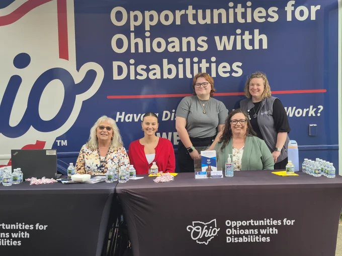 From left to right at the OOD mobile services unit: Teresa DuRae-Justice, OOD Job Developer; Julia Marusic, OOD Job Developer; Em Stewart, OOD Job Developer; Darla Driggs, OOD Job Developer; and Hillary Wier, Mobile Services Unit Coordinator. 
