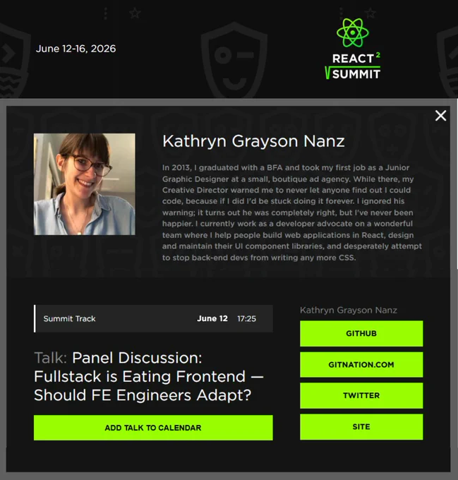 Kathryn Grayson Nanz at React Summit: Panel Discussion: Fullstack is Eating Frontend — Should FE Engineers Adapt?