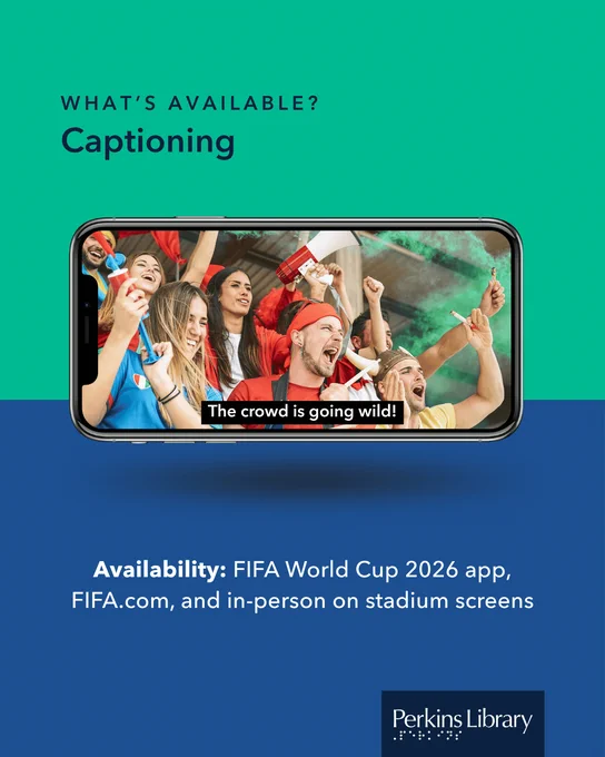 Captioning available on the FIFA World Cup 2026 app, FIFA.com, and in-person on stadium screens
Image: A phone screen showing a cheering crowd and a caption reading "The crowd is going wild!"