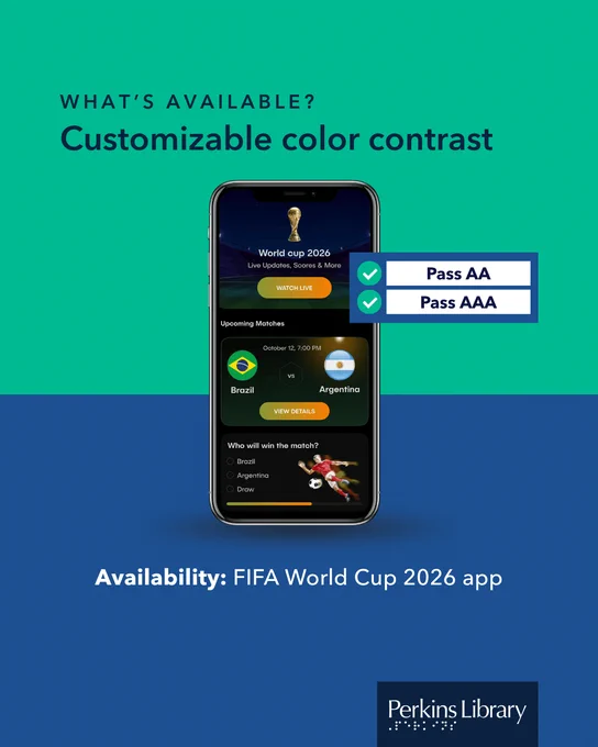 Customizable color contrast available on the FIFA World Cup 2026 app
Image: A phone screen showing a dark background and light text alongside graphics showing checkmarks next to the words "Pass AA" and "Pass AAA"