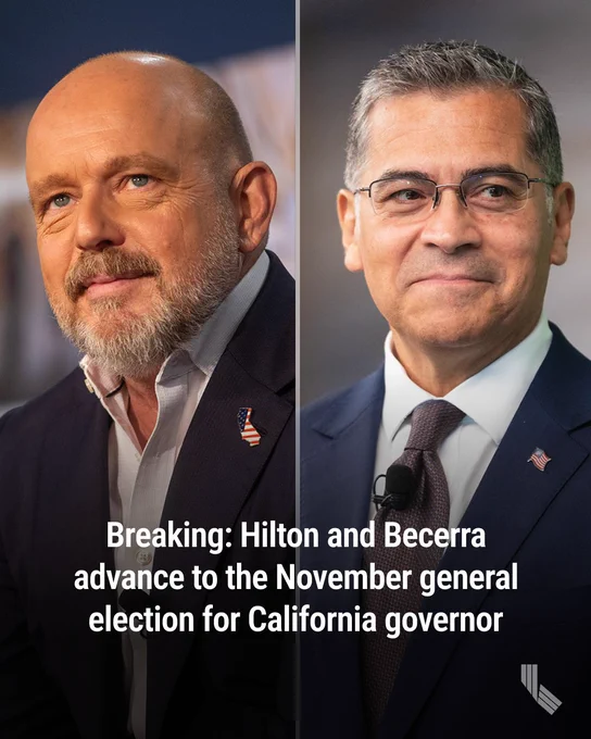 A split screen of Steve Hilton and Xavier Becerra.