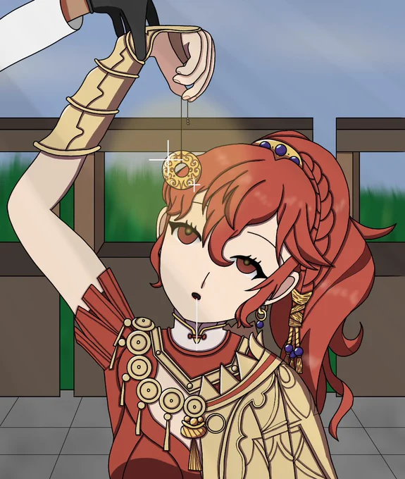 Anna (Fire Emblem, specifically her new Fortune's Weave design) holding a shiny, pretty golden coin as she mindlessly stares at is, a tray of drool on her dazed face as she's so out of it that another person is holding the hand she uses to hold the coin!

Wouldn't want that arm to fall limp, now would we~?