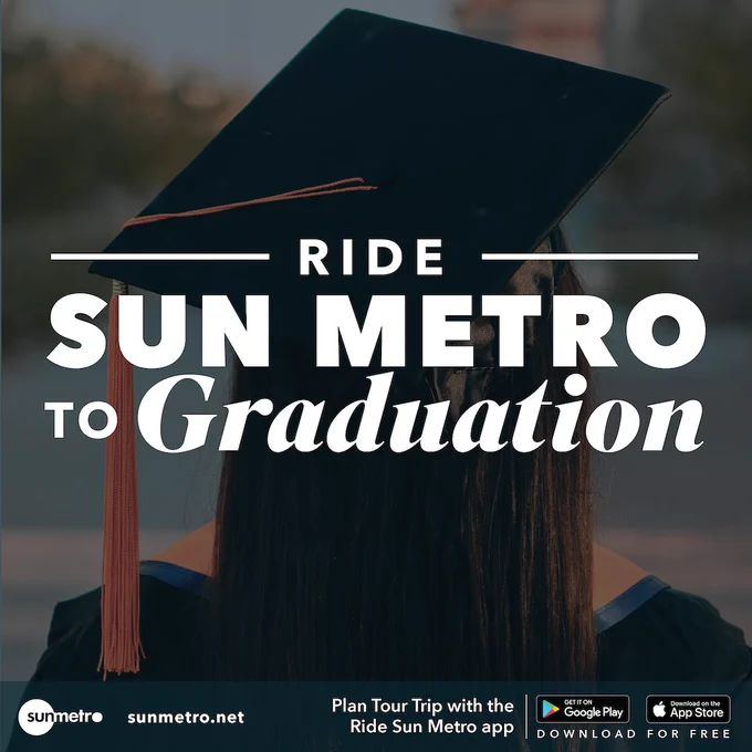 Girl in graduation cap with text: Ride Sun Metro to Graduation