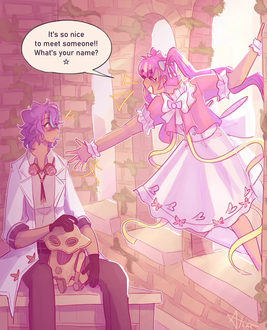 A digital drawing of Emu and Rui in their Bloomfes outfits. Rui sits inside a mossy ruin, one of his bots sitting between his legs. He looks up in shock as a magical girl Emu leans in from the window, extending a hand towards him and smiling happily at him. "It's so nice to meet someone!! What's your name? ☆" she asks as light flows in around her, illuminating Rui. The artist's signature is in the bottom right.