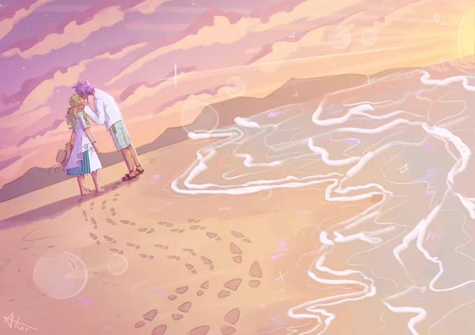 A digital drawing of Rui and Nene on a beach at sunset. They're far from the viewer, with their footsteps in the foreground leading the trail to them. They're dressed in their Coral outfits, with Nene holding her hat behind her as she tilts her head up. Rui takes up her cheeks with both hands and kisses her, though we're too far away to see their expressions. The artist's signature is in the bottom left.