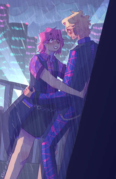 A digital drawing of Emu and Tsukasa in their Deep Dark for Light outfits. They stand outside on a building rooftop at night, city skyscrapers blurry and bright behind them. It's pouring, leaving both of them soaked. They don't seem to mind, though - Emu stares at Tsukasa with a bright-eyed hunger, pinning him against a wall. Tsukasa appears just a little sheepish, smiling down at her with lipstick marks all over his face. He holds onto her waist, holding her close. The artist's signature is in the bottom left.
