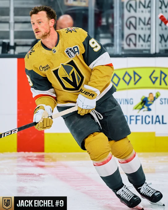 Jack Eichel on ice for warmups in a Golden Knights uniform