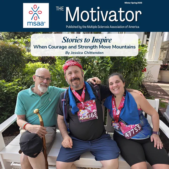 Jessica (right) is wearing running gear and sitting next to her brother and father on a park bench. The motivator magazine icon is featured.
