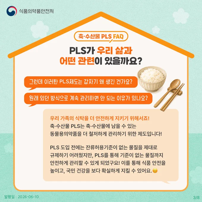 축·수산물 PLS FAQ
PLS가 우리 삶과 어떤 관련이 있을까요?

그런데 이러한 PLS제도는 갑자기 왜 생긴 건가요? 
원래 있던 방식으로 계속 관리하면 안 되는 이유가 있나요?

우리 가족의 식탁을 더 안전하게 지키기 위해서죠! 축·수산물 PLS는 축·수산물에 남을 수 있는 동물용의약품을 더 철저하게 관리하기 위한 제도입니다!
PLS 도입 전에는 잔류허용기준이 없는 물질을 제대로 규제하기 어려웠지만, PLS를 통해 기준이 없는 물질까지 안전하게 관리할 수 있게 되었구요! 
이를 통해 식품 안전을 높이고, 국민 건강을 보다 확실하게 지킬 수 있어요. 😊