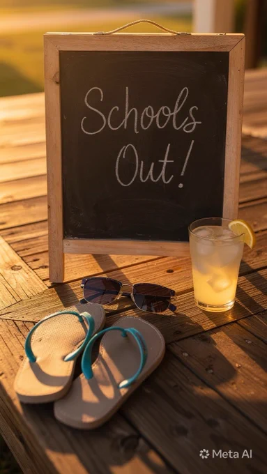 A small chalkboard with "Schools Out!" written on it sits on a wooden porch at sunset. Next to it are sunglasses, flip-flops, and a glass of lemonade with ice.