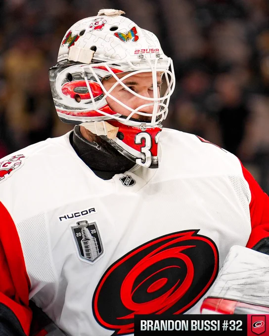 Brandon Bussi on ice for warmups in a Hurricanes uniform. 