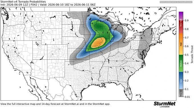 StormNet-v4 tornado probability map with a 66% maximum 12-hour risk from 2026-06-10 18Z to 2026-06-11 06Z. Model initialized 2026-06-09 12Z at forecast hour 042.