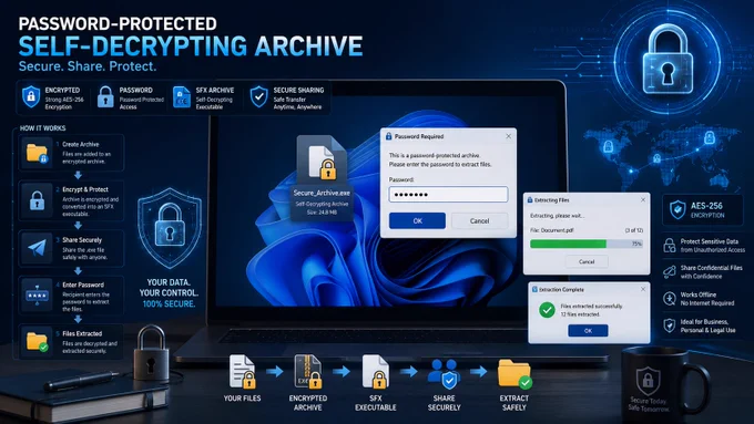 Password-protected self-decrypting archive infographic on a laptop, with lock icons, extraction dialogs, and blue cyber UI.