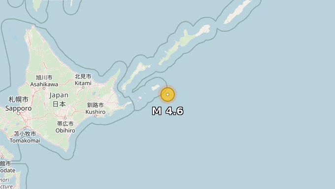 Map showing epicenter of M 4.6 earthquake in Off the east Coast of Hokkaido, depth 50 km.
