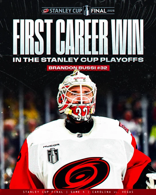 The Carolina Hurricanes Stanley Cup Final banner. Text below that reading \"First career win in the Stanley Cup Playoffs. Brandon Bussi #32.\" Below is a photo of Brandon Bussi in a Carolina Hurricanes uniform. 