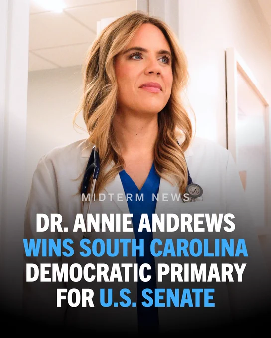 A graphic featuring an image of Dr. Annie Andrews. Text on screen reads, "Midterm news: Dr. Annie Andrews wins South Carolina Democratic primary for U.S. Senate."