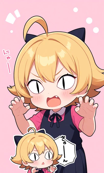 1girl, pretty and cute, blonde flipped hair, masterpiece, simple, (chibi),comical, (<|> <|>),(claw pose),