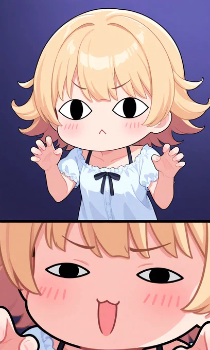 1girl, pretty and cute, blonde flipped hair, masterpiece, simple, (chibi),comical, (<o> <o>),(claw pose),