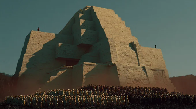 A cinematic still in the visual style of Denis Villeneuve, photographed with the naturalistic lighting of Greig Fraser on a large-format Alexa LF sensor. A colossal sky high Mayan step pyramid rises above dense jungle, monumental in scale, with massive stone blocks, carved glyphs, and weathered surfaces. Hundreds of people gather at the base in structured formation, arranged with order and intention, filling the lower frame. Two small figures are visible at the top platform, centre-left and centre-right, dwarfed by the architecture. Harsh natural sunlight from above creates strong contrast across the geometry, deep shadow pockets, and heavy negative fill. Warm desaturated tones of stone, gold, and jungle green, subtle atmospheric haze, fine dust in the air. Ultra-wide cinematic composition, strong symmetry, grounded realism, shallow atmospheric depth, subtle film grain.