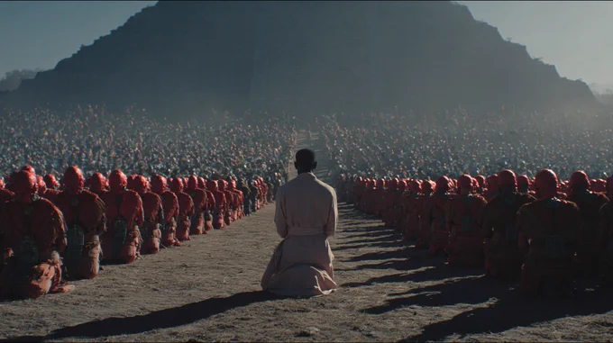 A cinematic still in the visual style of Denis Villeneuve, photographed with the naturalistic lighting of Greig Fraser on a large-format Alexa LF sensor. At the base of the Mayan pyramid, a large crowd fills the frame in structured formation. In a single unified motion, the entire crowd kneels at once, perfectly synchronised, no individual variation. The environment remains still while the crowd’s movement defines the moment. Sunlight reaches only parts of the ground, leaving large sections in shadow, creating strong contrast. The figures have copper-brown skin with warm undertones, wearing ceremonial garments of woven textiles and jade. Warm desaturated tones, fine dust in the air, subtle haze, grounded realism, ordered composition. perfectly symmetrical