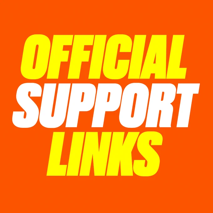 Text on an orange background reads \"OFFICIAL SUPPORT LINKS\". \"OFFICIAL\" and \"LINKS\" are yellow, \"SUPPORT\" is white, all in bold, slanted letters.