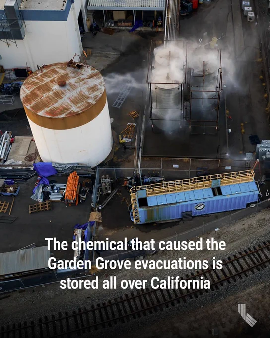 Water is sprayed onto a tank that overheated at an aerospace plant in Garden Grove on May 22, 2026. Photo by Ethan Swope, AP Photo