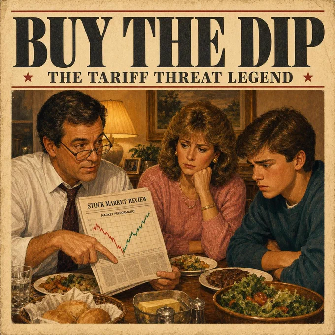 Vintage dinner scene captioned 'Buy the Dip — The Tariff Threat Legend'