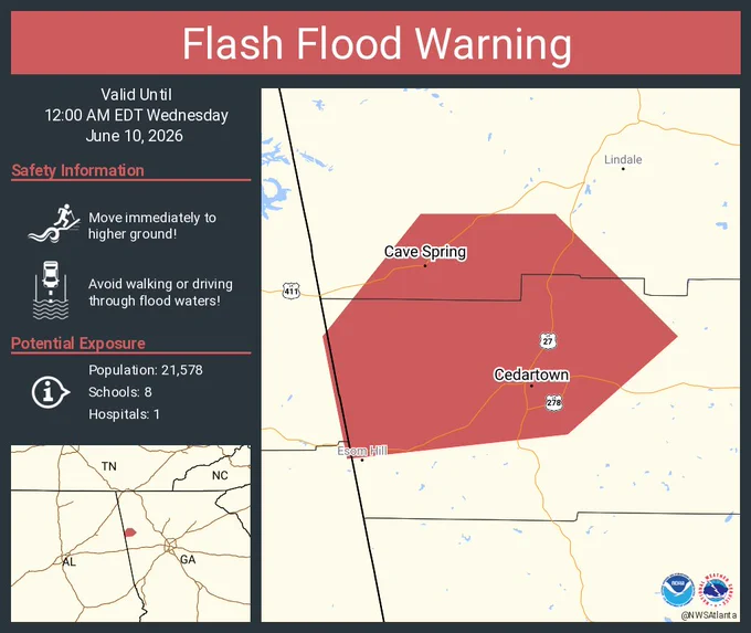 This graphic displays a flash flood warning plotted on a map. The warning is in effect until 12:00 AM EDT. The warning includes Cedartown GA and Cave Spring GA.  This warning is for South Central Floyd County in northwestern Georgia and Northwestern Polk County in northwestern Georgia. Avoid walking or driving through flood waters! Move immediately to higher ground! There are 21,578 people in the warning along with 8 schools and 1 hospital.