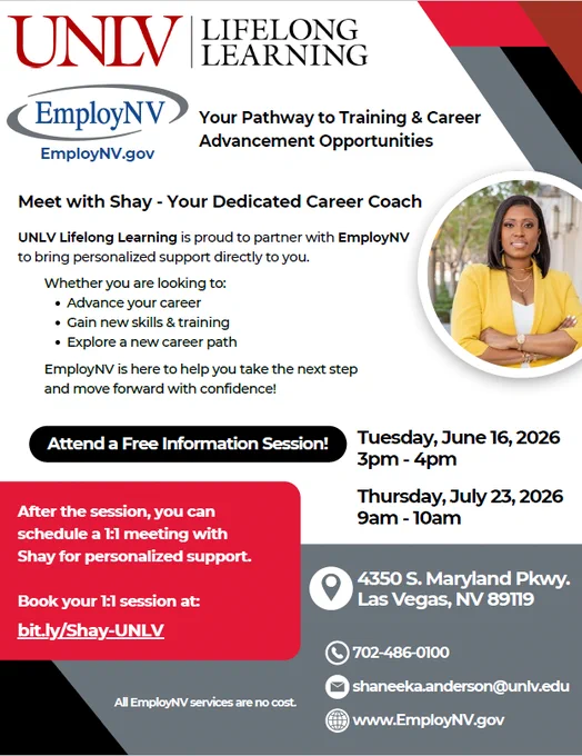 Flyer for UNLV Lifelong Learning and EmployNV offering free info sessions with career coach Shay to advance careers and skills in Las Vegas.