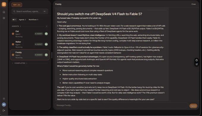 This is a screenshot of the organization space (i.e a Workbench) where I'm chatting with Freddy, the Firecrawl agent.