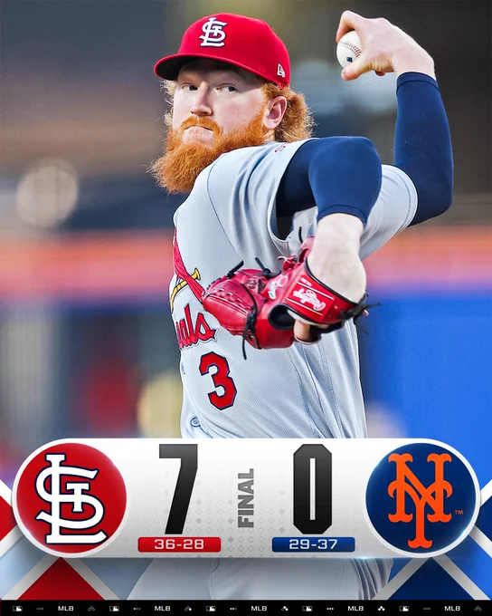 Final Score Graphic 6/9/26
Cardinals 7 (36-28), Mets 0 (29-37)
Pictured: Dustin May delivers a pitch Tuesday night. He wears a gray Cardinals uniform with red lettering.