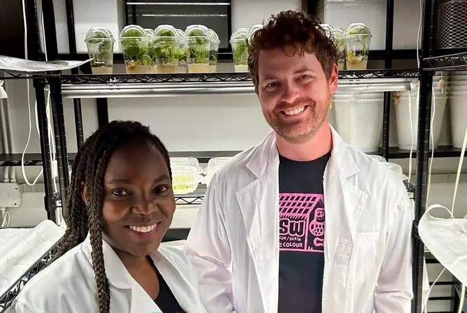 Dr. Connor Fitzpatrick (right) with student Oluwadamilola Elizabeth Ajayi. Photo by Colette Derworiz