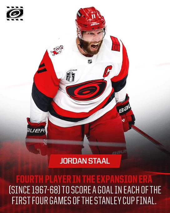Graphic promoting Jordan Staal as the fourth player in the expansion era (since 1967-68) to score a goal in each of the first four games of the Stanley Cup Final