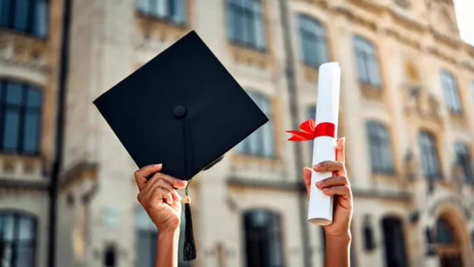 A photo of raised hands holding a graduation cap in one hand and a rolled-up diploma in the other; a college building can be seen in the background.