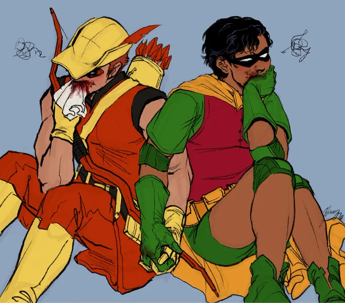 a drawing of speedy and robin from the teen titans sitting side by side. they are covering their faces with bloody noses while holding hands, visibly annoyed at eachother.