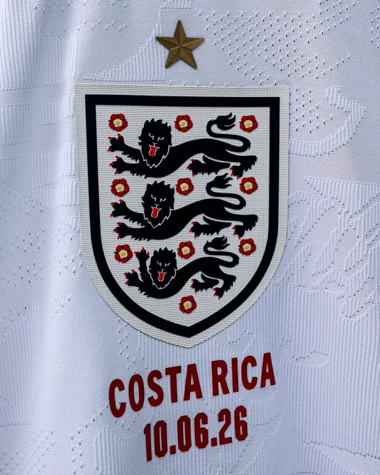 England badge with the fixture against Costa Rica on 10.06.26 printed below 